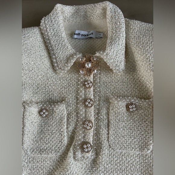 Self-Portrait Cream Embellished sequined bouclé-knit mini dress Size:M - Picture 4 of 5